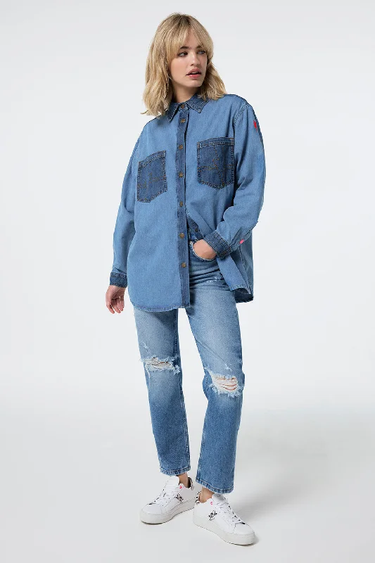 Mixed Wash Indigo Oversized Denim Shirt-- Mesh Blend Leather Blend Suede Blend