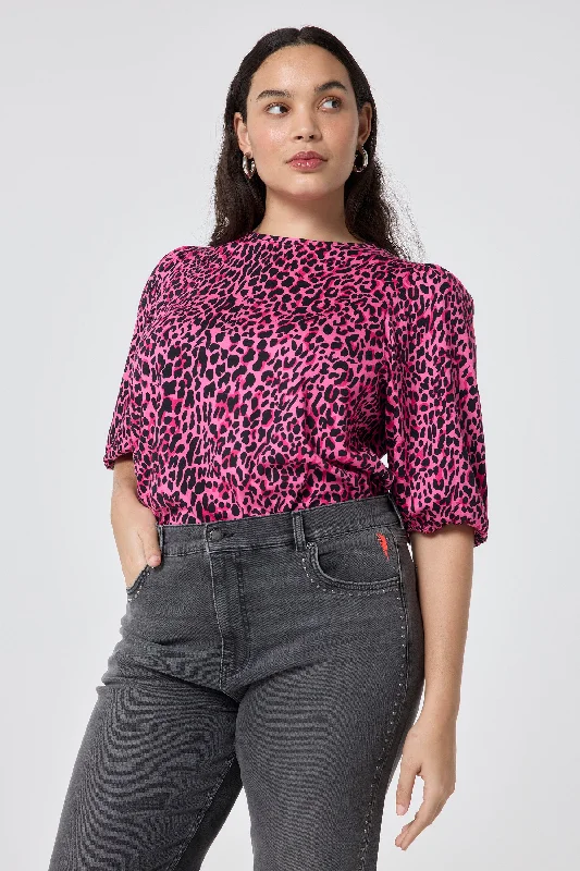 Pink with Black Wild Leopard Puff Sleeve T-Shirt-- Boxy Fit Fitted Loose