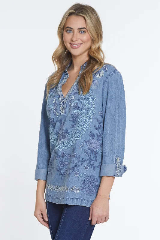 Blue Embroidered V-Neck Collar Shirt-- Machine Wash Dry Clean Hand Wash