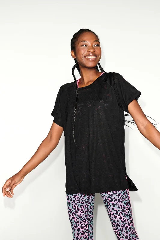 Black Leopard Burn Out Slouchy T-Shirt-- Satin Fabric Silk Fabric Chiffon Fabric