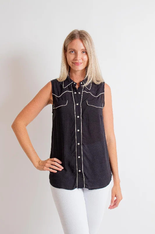 Black Sleeveless Western Shirt-- Front Pockets Side Pockets Patch Pockets