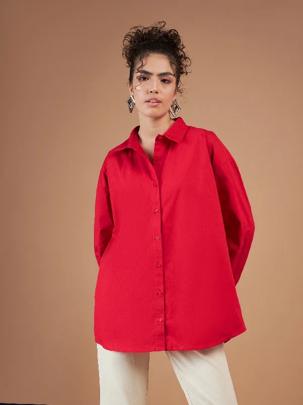 Women Red Cotton Poplin Oversized Shirt-- Notch Collar Peter Pan Collar Cowl Neck