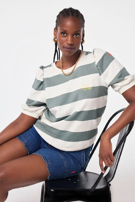 Cream with Khaki Stripe Short Puff Sleeve T-Shirt-- Chenille Blend Fleece Blend Nylon Blend