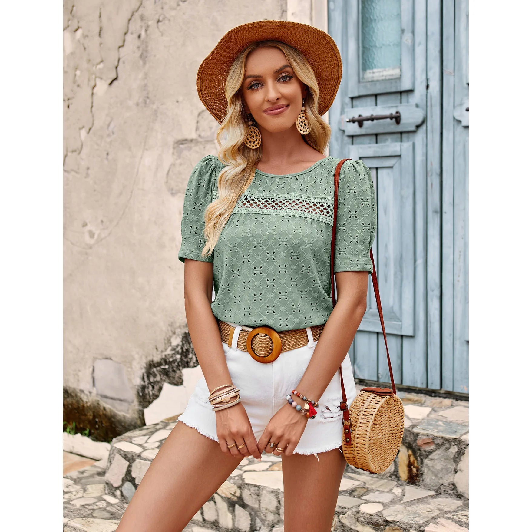 2024 Summer New Women's T-Shirt Hollowed Out Lace Short Sleeve Blouses Elegant Classic Lady short sleeve Top-- Chenille Brocade Lace