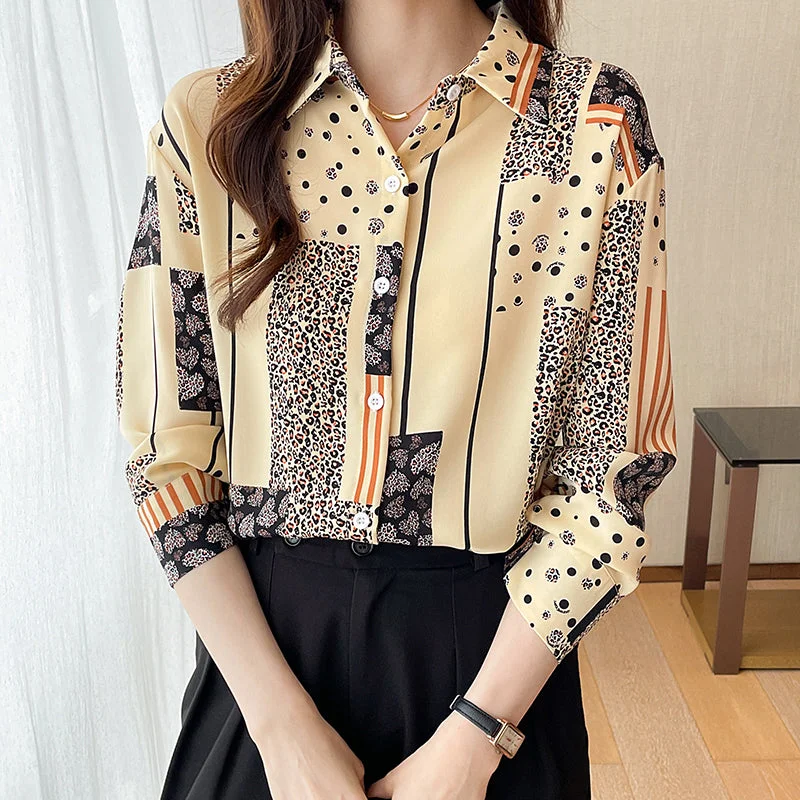 100% Polyester Autumn Women Elegant Leopard Block Color Chiffon Blouse Female Chic Daily Wear Work Shirts For Ladies-- Mesh Blend Leather Blend Suede Blend