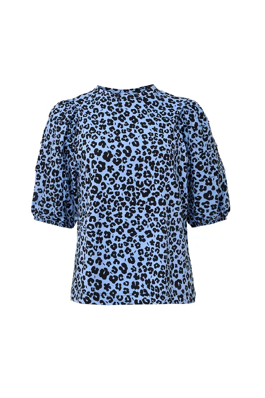 Soft Blue with Black Floral Leopard Pintuck Sleeve T-Shirt-- Collared Crew Neck Turtle Neck Soft Blue with Black Floral Leopard Pintuck Sleeve T-Shirt-- Collared Crew Neck Turtle Neck