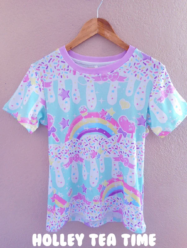 Rainbow Sweets Mint Unisex Cotton T-Shirt-- Real Fur Shearling Chenille