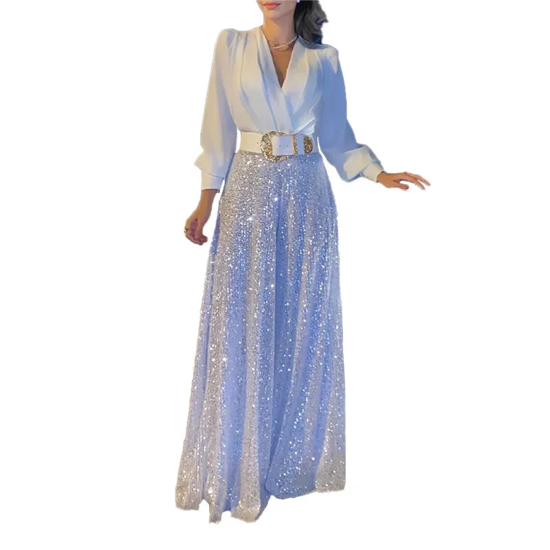 2024 Spring New Women's Jumpsuit Fashionable V-neck Long Sleeved Shirt Elegant And Slim Waist Slimming Sequin Wide Leg Jumpsuit-- Notch Collar Peter Pan Collar Cowl Neck 2024 Spring New Women's Jumpsuit Fashionable V-neck Long Sleeved Shirt Elegant And Slim Waist Slimming Sequin Wide Leg Jumpsuit-- Notch Collar Peter Pan Collar Cowl Neck