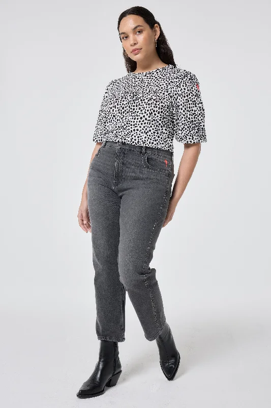 White with Black Cheetah Puff Sleeve T-Shirt-- Collared Crew Neck Turtle Neck