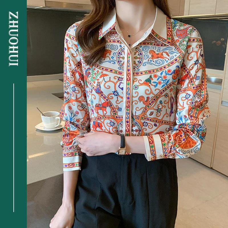 Autumn Elegant Allover Patchwork Turn Down Collar Blouse Shirt Women Chic Office Shirts For Ladies-- Rayon Fabric Velvet Fabric Corduroy Fabric