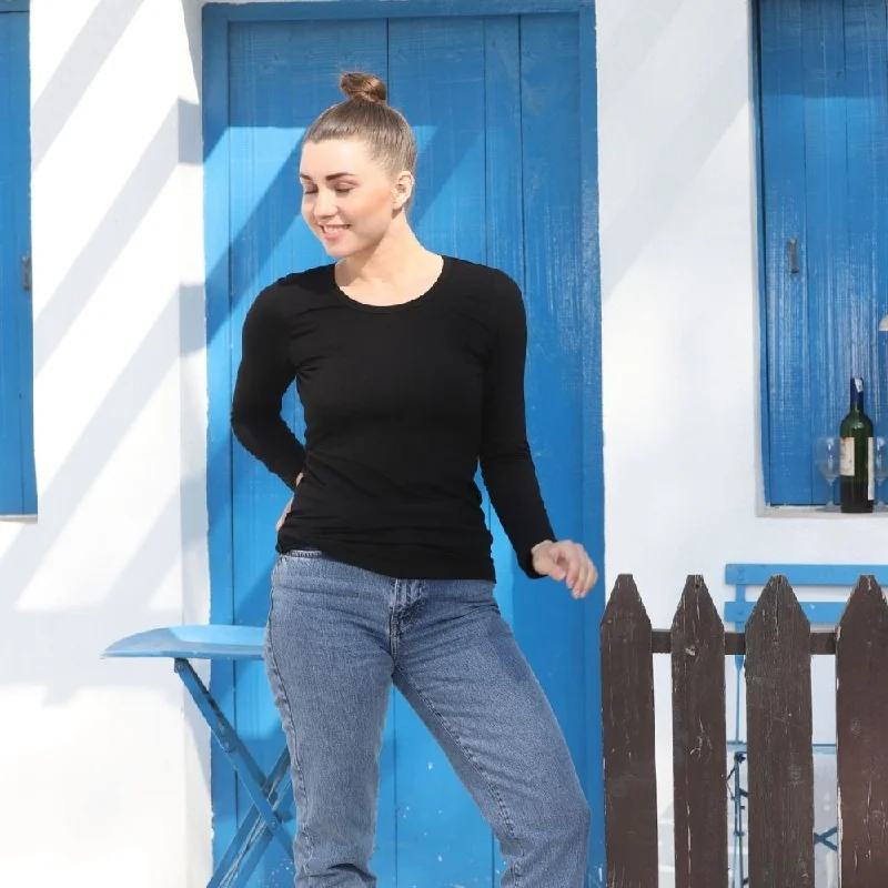 Full Sleeve T-Shirt | Bamboo Fabric | Comfortable | Women Active Wear | Black-- Hooded Caped Shawl Collar