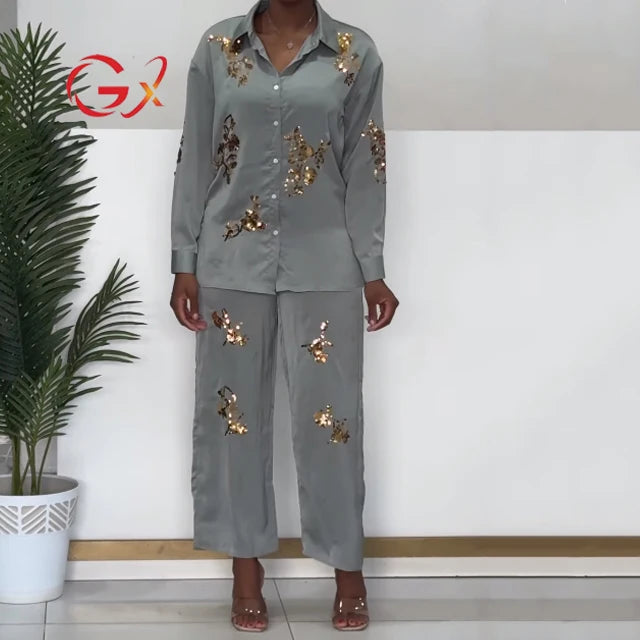 GX1320 New 2024 Elegant Spring Women Boutique Street Wear Long Sleeve Sequin Design Shirt and Pant Matching Suit 2 Piece Set-- Notch Collar Peter Pan Collar Cowl Neck GX1320 New 2024 Elegant Spring Women Boutique Street Wear Long Sleeve Sequin Design Shirt and Pant Matching Suit 2 Piece Set-- Notch Collar Peter Pan Collar Cowl Neck
