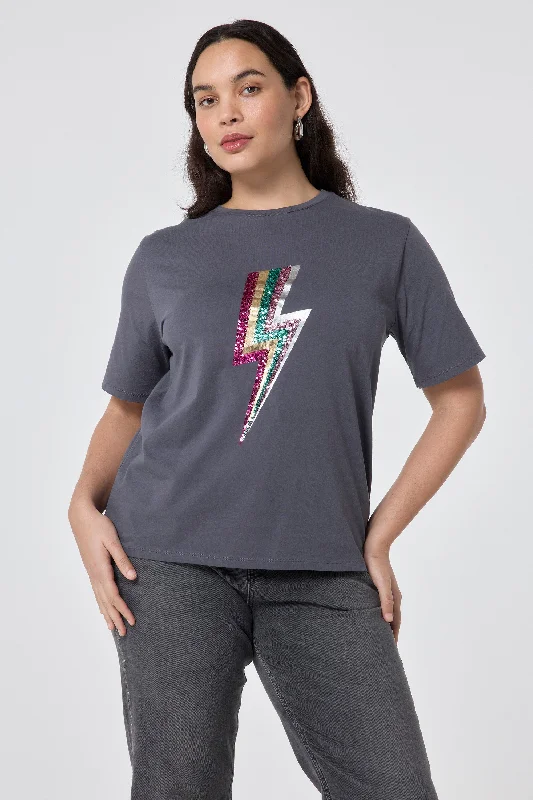 Grey with Multi Coloured Sequin and Foil Lightning Bolt T-Shirt-- Polka Dot Checkered Tartan Grey with Multi Coloured Sequin and Foil Lightning Bolt T-Shirt-- Polka Dot Checkered Tartan
