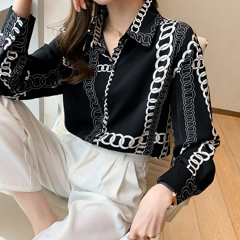 French Chiffon Long Sleeve Shirt 2024 Autumn New Elegant Silk Slip Chain Print Long Sleeve Top Women's Shirts-- Mesh Blend Leather Blend Suede Blend