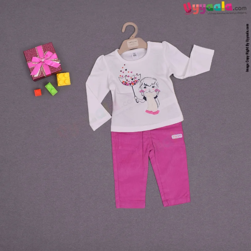TOFFY HOUSE T - shirt with pants for baby girls - white with girl print & pink-- Elasticated Padded Insulated TOFFY HOUSE T - shirt with pants for baby girls - white with girl print & pink-- Elasticated Padded Insulated