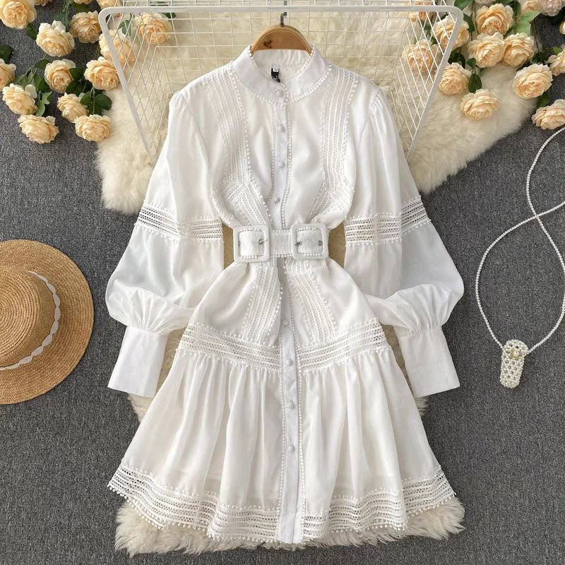 Casual White Peter Pan Collar Bishop Sleeve Lace Patchwork Hollow Out Shirt Dresses Women Lady Elegant Belt Tunic Dress-- Nylon Fabric Polyester Fabric Spandex Fabric