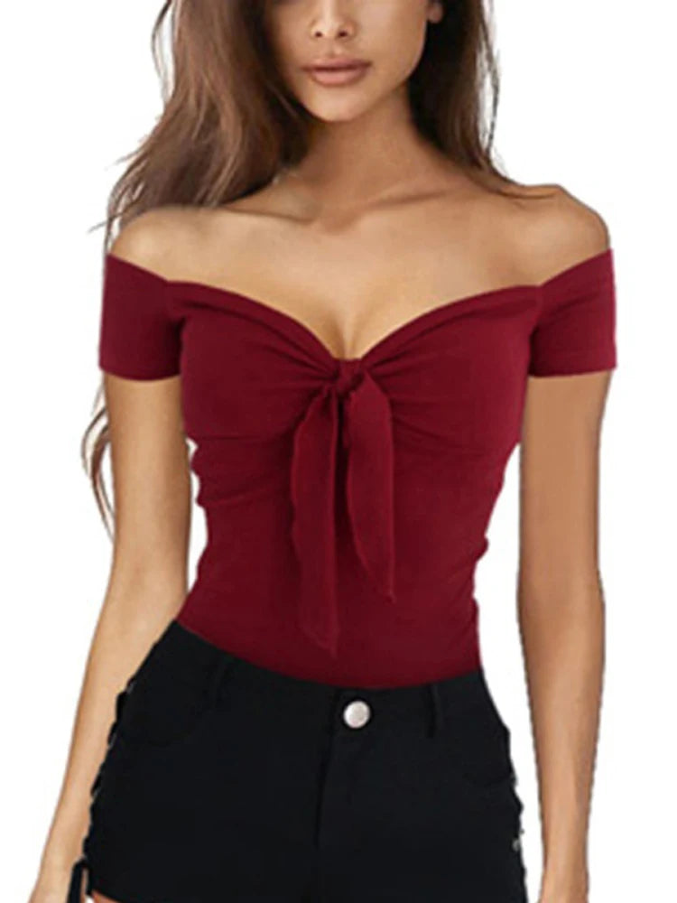 Summer Solid Color Basic Casual Short Sleeve V-neck Off Shoulder Top Sexy Beach Party Slim Fit T-shirt Sweet Style Women's Wear-- Chenille Blend Fleece Blend Nylon Blend