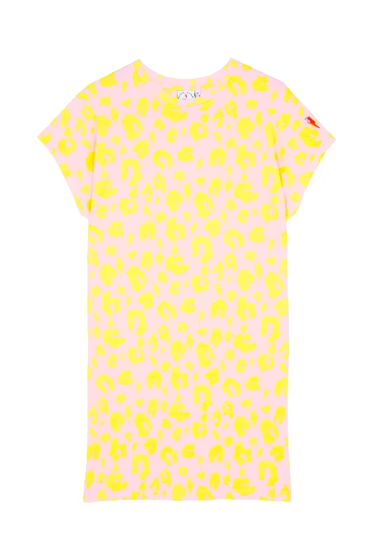 Blush with Yellow Leopard T-Shirt Dress-- Fleece Nylon Spandex