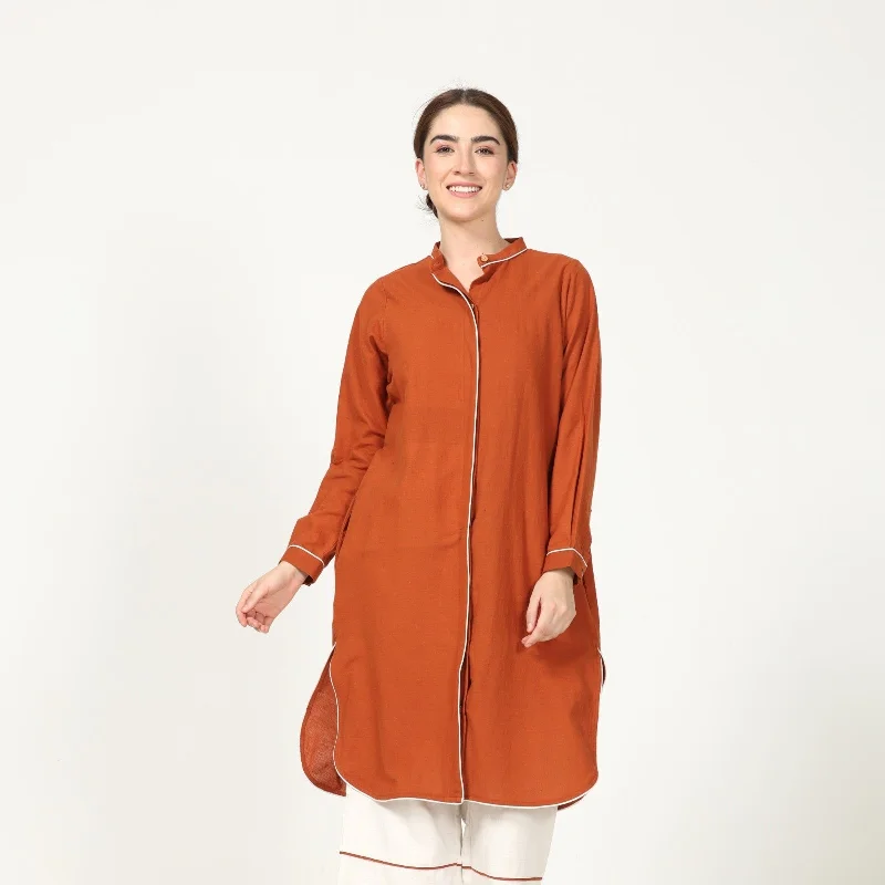 Rust Long Shirt With Contrast Edging | Cotton | Relaxed Silhouette-- Front Pockets Side Pockets Patch Pockets Rust Long Shirt With Contrast Edging | Cotton | Relaxed Silhouette-- Front Pockets Side Pockets Patch Pockets