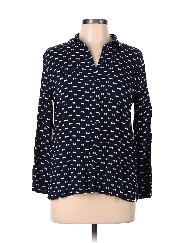 Long Sleeve Button Down Shirt-- Asymmetrical Pockets Print
