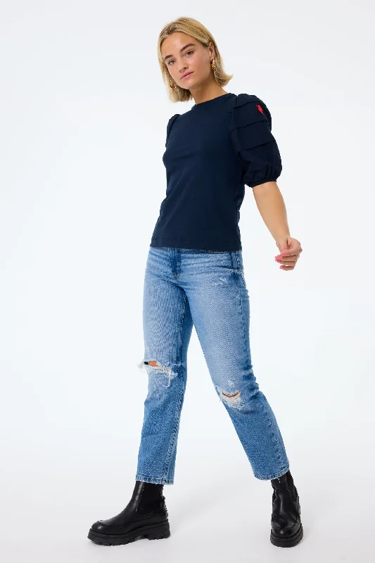 Navy Pintuck Sleeve T-Shirt-- Iron Safe Non-Iron Wrinkle Free