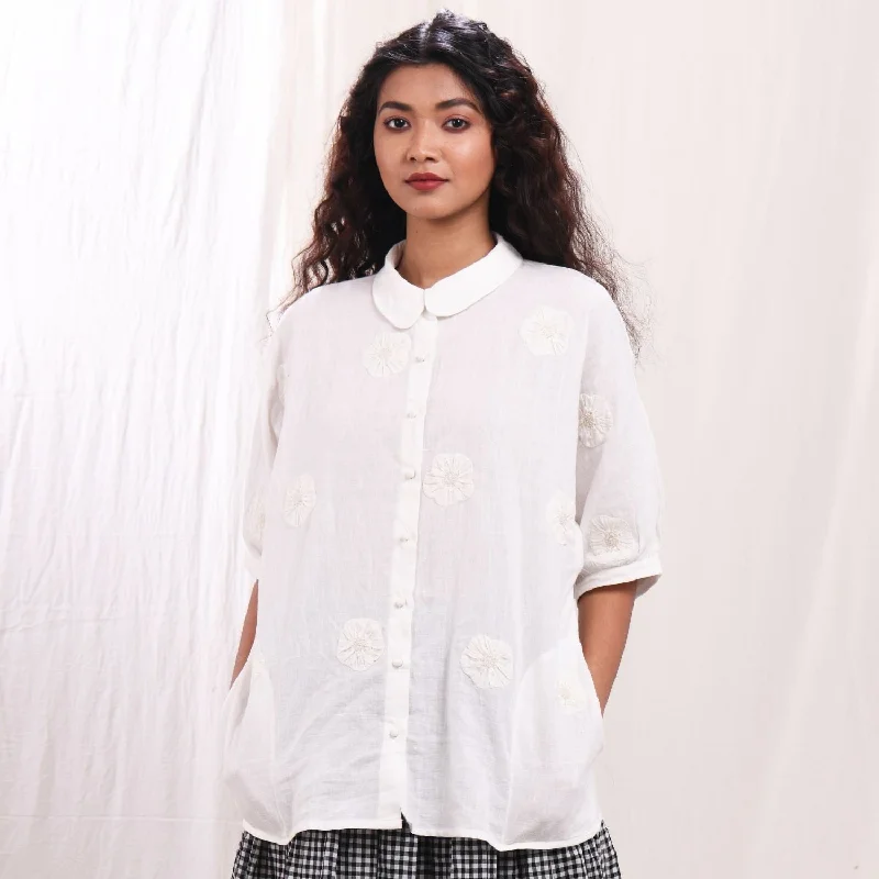 Women Kimono Shirt | Breathable Cotton | Relax Fit | Appliqué Work | White-- Lace Blend Ribbed Blend Corduroy Blend