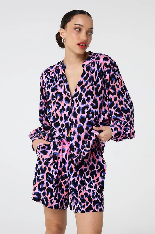 Pink with Blue and Black Shadow Leopard Collarless Shirt-- Faux Fur Fabric Real Fur Fabric Shearling Fabric