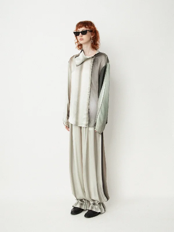 Ink Moss Prints-Silk Asymmetric Shirt-- Seamless Knitted Crochet