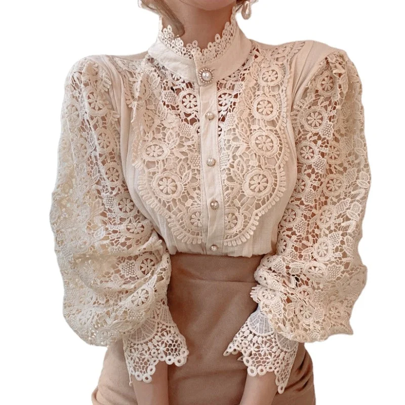 Wholesale 2022 spring Korean new loose chic elegant shirts button lace hollow flower stitching long sleeve stand collar shirt-- Graphic Embroidered Appliqued