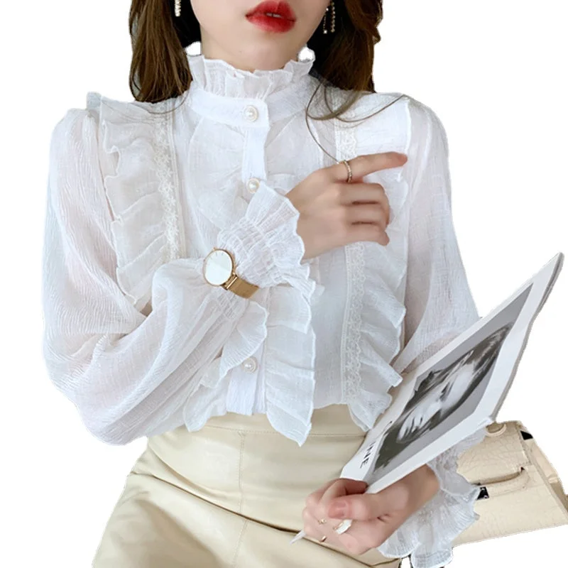 Casual Loose White Custom Tops High Quality Autumn New Stylish Long Sleeve Blouse Women Korean Lace Ruffle Elegant Chiffon Shirt-- Polka Dot Checkered Tartan
