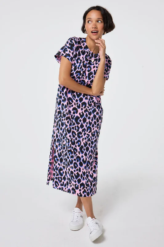 Pink with Blue and Black Shadow Leopard Midi T-Shirt Dress-- Print Jacquard Patchwork Pink with Blue and Black Shadow Leopard Midi T-Shirt Dress-- Print Jacquard Patchwork