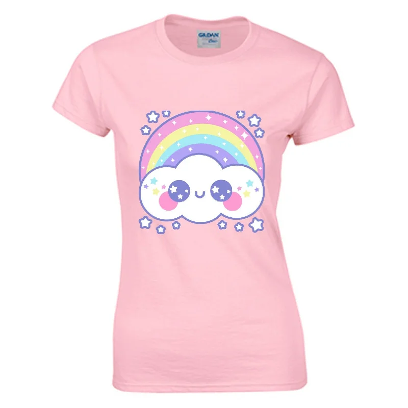 Happy Rainbow Cloud Women's Cotton T-shirt-- Hooded Caped Shawl Collar