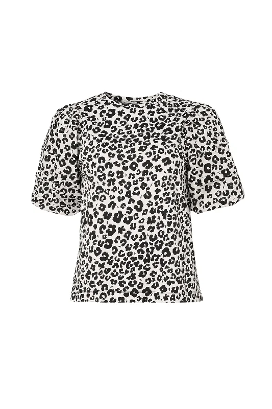 White with Black Floral Leopard Pintuck Sleeve T-Shirt-- Hooded Caped Shawl Collar