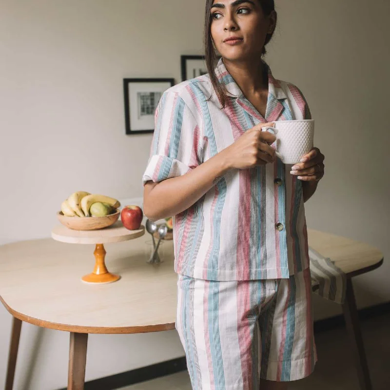 Holiday Women Co-ord Set | Stripes | Half Shirt W/ Shorts | Breathable Cotton-- Knit Fabric Woven Fabric Fleece Fabric