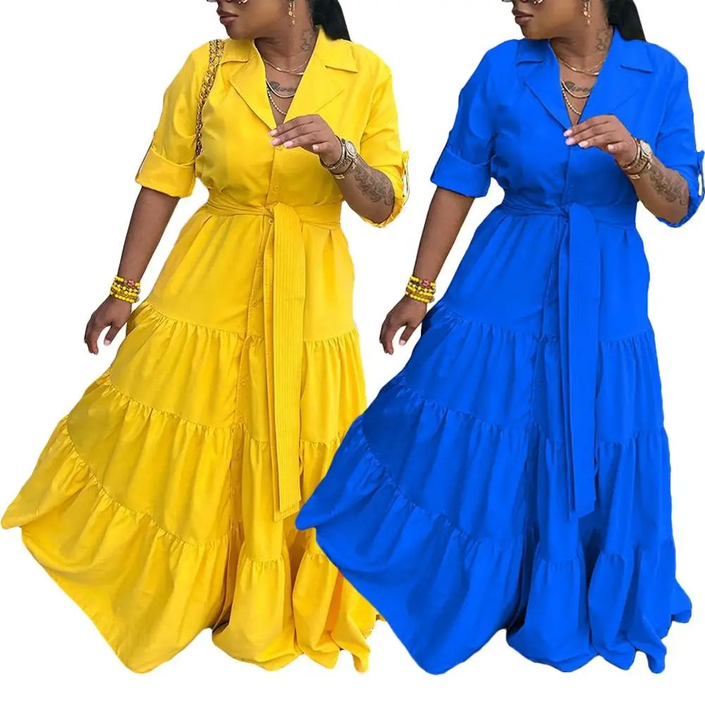 J&H  New Chic 2024 Spring Loose half Sleeve Ladies Ruffled Wrap Casual Sweet Shirt dress Women Elegant Maxi Ruffle Dress-- Chenille Blend Fleece Blend Nylon Blend