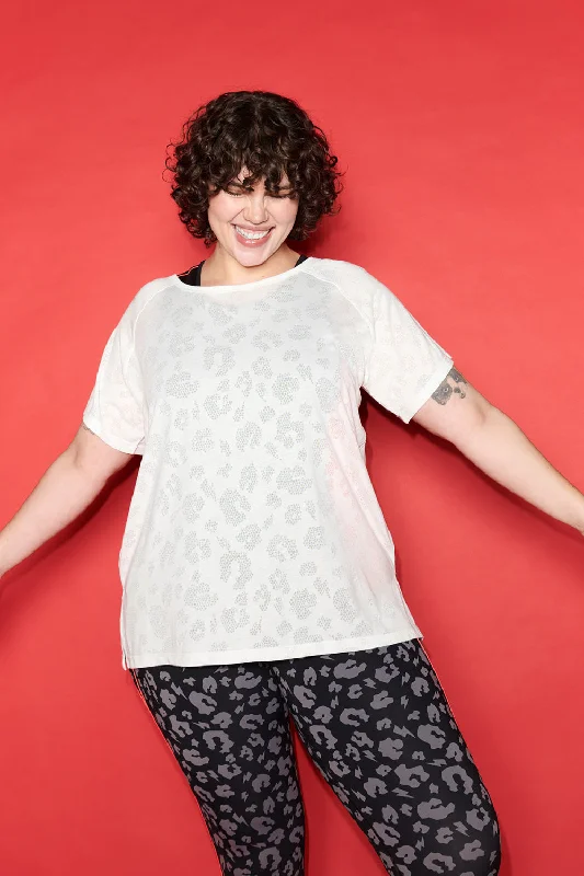 White Leopard Burn Out Slouchy T-Shirt-- Fleece Fabric Down Fabric Feather Fabric