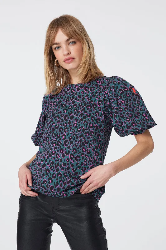 Green with Pink and Black Shadow Leopard Puff Sleeve T-Shirt-- Polka Dot Checkered Tartan Green with Pink and Black Shadow Leopard Puff Sleeve T-Shirt-- Polka Dot Checkered Tartan