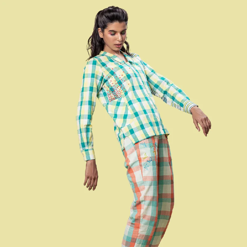 Teal Blue Check Shirt for Women | Hand-Crafted | For All Day Comfort-- Chenille Brocade Lace Teal Blue Check Shirt for Women | Hand-Crafted | For All Day Comfort-- Chenille Brocade Lace