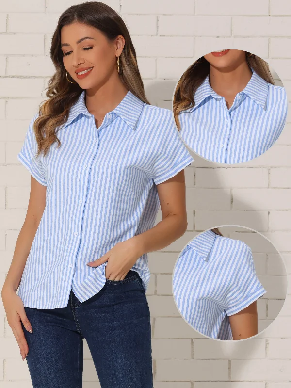 Striped Button Down Shirts for Women's Cotton Casual Cap Sleeve Blouse Tops-- Mesh Canvas Denim