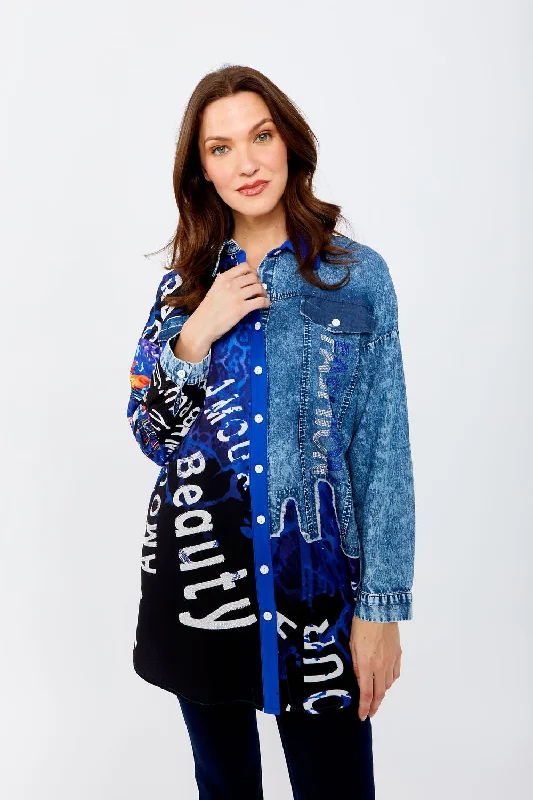 Blue Abstract Long Sleeve Button Shirt Style-- Seamless Knitted Crochet