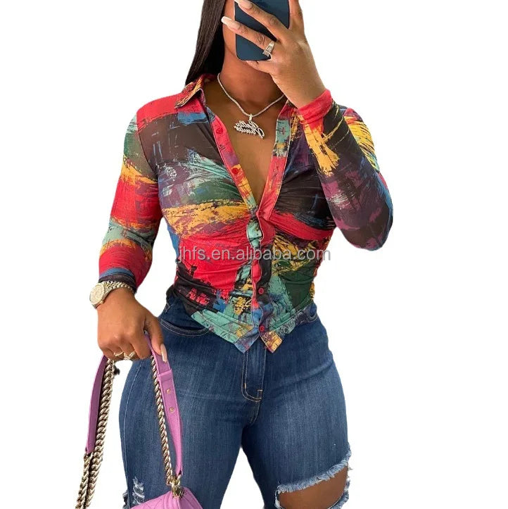 J&H New Trendy 2024 Spring Fall Women's Tops Fashionable Elegant Print Long Sleeve Sexy Shirt Tops Casual Shirts Women Blouse-- Rayon Velvet Corduroy