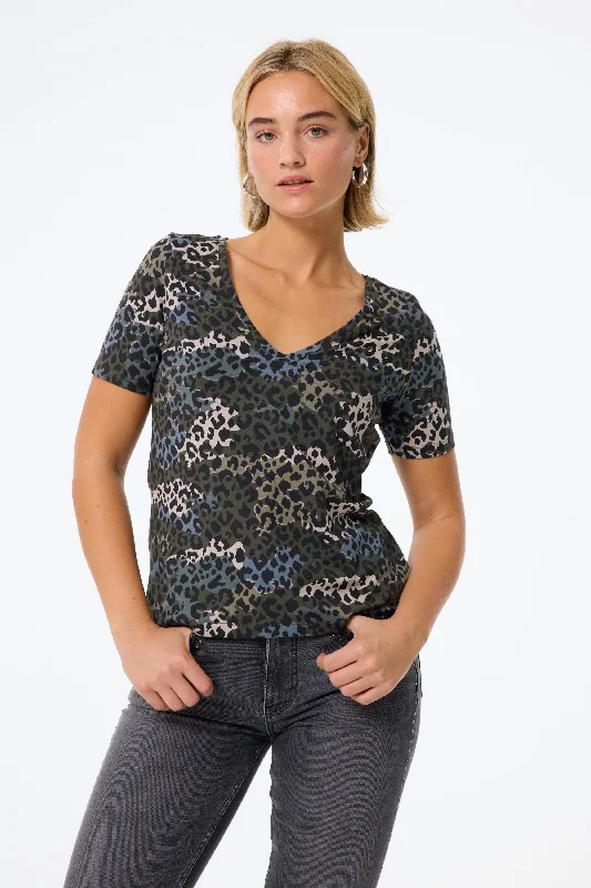 Khaki with Green Camo Layered Leopard V-Neck T-Shirt-- Striped Floral Plaid