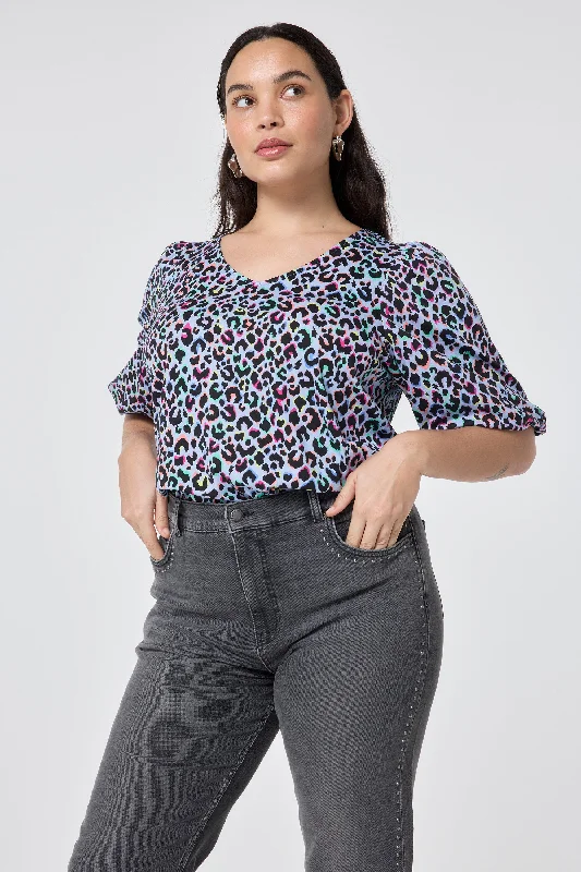 Light Blue with Rainbow Shadow Leopard V-Neck Puff Sleeve T-Shirt-- Plaid T-Shirt Polka Dot Checkered