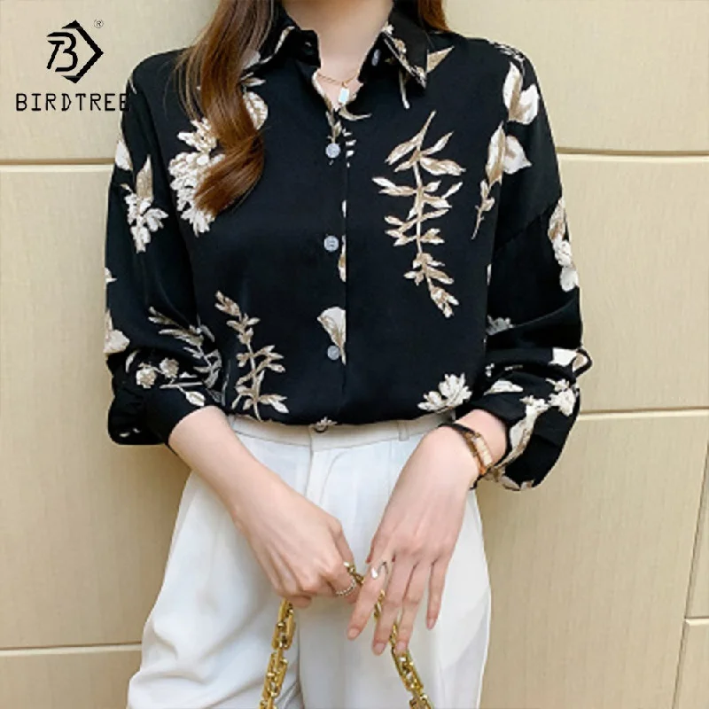 Ready to Ship Woman's Long Sleeve Floral Printing Shirts Elegant Casual Blouses Workwear Chiffon Shirt Tops For Spring Autumn-- Graphic T-Shirt Round Neck Polyester