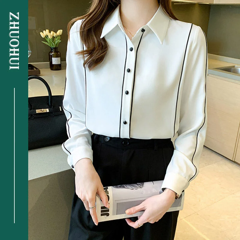 Women Elegant White Shirt Ladies Casual Turn Down Collar Patchwork Chiffon Blouse Chic Work Shirts-- Solid Print Embellished