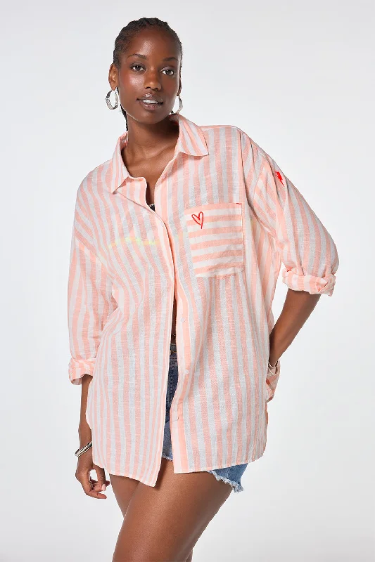 Coral and White Stripe Oversized Shirt-- Oversized T-Shirt Spandex breathable