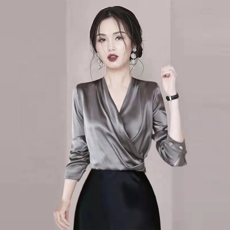 2022 Summer New High-Grade Elegant Slim Satin Shirt Women's All-Matching Western Style High-End Retro Top-- Cashmere Blend Cotton Blend Poly Blend