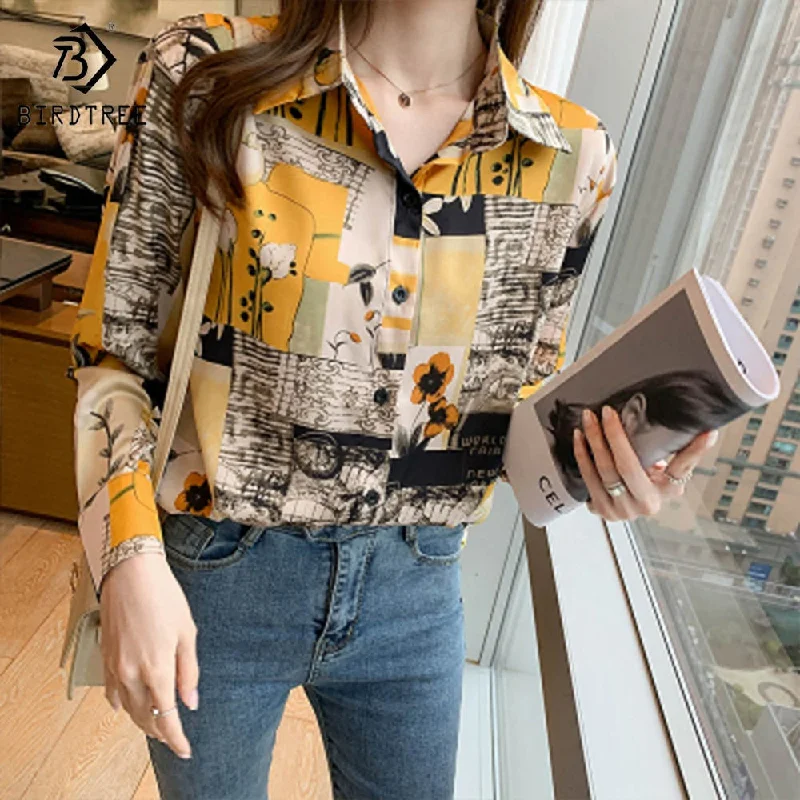 Real Shot Ready to Ship Woman Long Sleeve Shirts Elegant Printing Blouses Office Chiffon Shirt Tops For Spring Autumn-- Asymmetrical Pockets Print