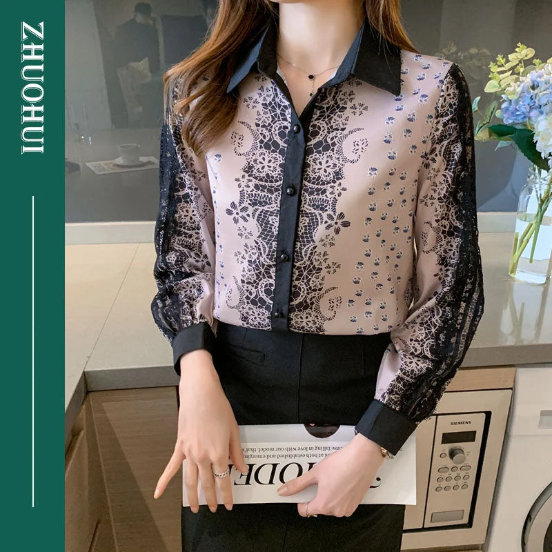 Chic Turn Down Collar Patchwork Long Sleeve Crochet Lace Print Blouse Shirt Women Elegant Contrast Color Work Shirts Ladies-- Sequined Glittery Shiny