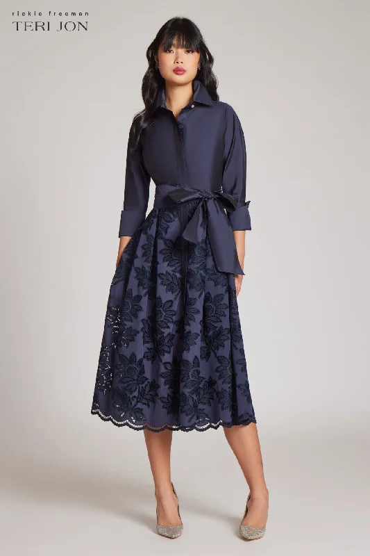 Taffeta Floral Eyelet Shirt Dress-- Thin T-Shirt Open Front Quick Dry